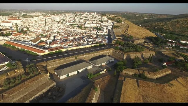 Elvas Portugal fly over the fortifications of the medieval town and Forte de Santa Luzia close to the Spanish border town Badajoz