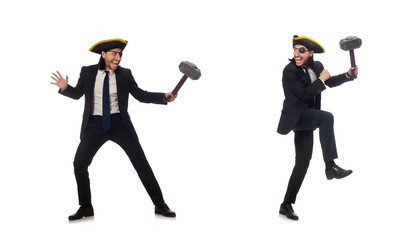 Pirate businessman holding hammer isolated on white