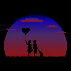 silhouette of the man and woman holding a balloon was accompanied by a pet dog