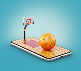 Unusual 3d illustration of a basketball ball on court on a smartphone screen. Watching basketball and betting online concept