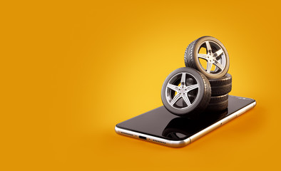 Unusual 3d illustration of car tires on a smartphone screen. Tire Size Calculator. Choosing and buying tires online concept. - obrazy, fototapety, plakaty
