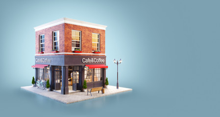 Unusual 3d illustration of a cozy cafe