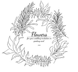 Wreath of wildflowers branches isolated on white background. Foral frame design elements for invitations, greeting cards, posters. Hand drawn vector illustration. Line art. Sketch