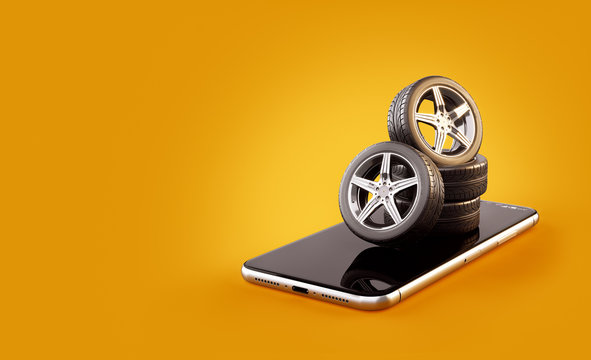 Unusual 3d Illustration Of Car Tires On A Smartphone Screen. Tire Size Calculator. Choosing And Buying Tires Online Concept.