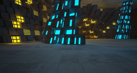 Abstract  Concrete Futuristic Sci-Fi interior With Blue And Yellow Glowing Neon Tubes . 3D illustration and rendering.