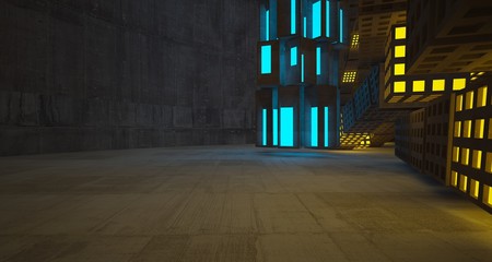 Abstract  Concrete Futuristic Sci-Fi interior With Blue And Yellow Glowing Neon Tubes . 3D illustration and rendering.