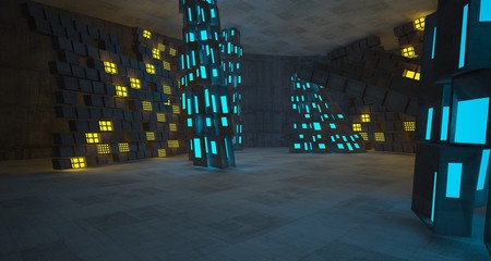 Abstract  Concrete Futuristic Sci-Fi interior With Blue And Yellow Glowing Neon Tubes . 3D illustration and rendering.