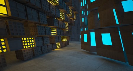 Abstract  Concrete Futuristic Sci-Fi interior With Blue And Yellow Glowing Neon Tubes . 3D illustration and rendering.