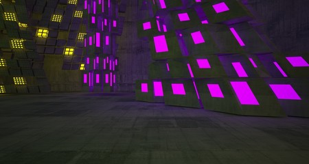 Abstract  Concrete Futuristic Sci-Fi interior With Pink And Green Glowing Neon Tubes . 3D illustration and rendering.