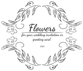 Wreath of roses or peonies flowers and branches isolated on white background. Foral frame design elements for invitations, greeting cards, posters. Hand drawn vector illustration. Line art. Sketch