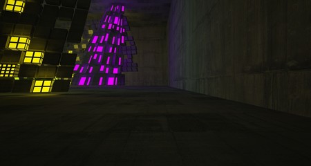 Abstract  Concrete Futuristic Sci-Fi interior With Pink And Green Glowing Neon Tubes . 3D illustration and rendering.