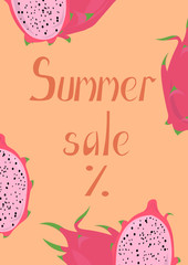 Summer sale banner with pitaya, dragon fruit. Design for banner, flyer, invitation, poster, card.