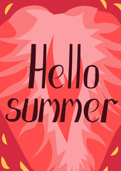 Hello summer. Strawberry background. Vector greeting card, poster, invitation, flyer.