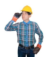 Engineer construction man thinking wear Striped shirt blue and glove leather with yellow safety helmet plastic On head white background