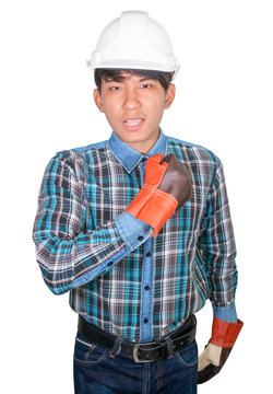 Engineering hand fist making symbol wear Striped shirt blue and glove leather with white safety helmet plastic On head white background