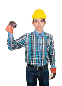 Engineering hand fist symbol wear shirt blue and glove leather with yellow safety helmet plastic on head white background