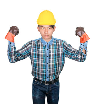 Engineering hand with the fist making symbol wear Striped shirt blue and glove leather with yellow safety helmet plastic On head white background
