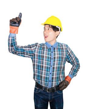 Engineering finger point Up top wear Striped shirt blue and glove leather with yellow safety helmet plastic On head white background