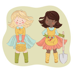 LABOR FRIEND Day Girlfriend Spring Season Work Cartoon Vector Illustration Set for Print Fabric and Decoration