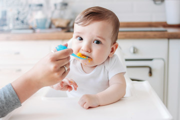 Charming little baby boy 6-8 months eating first food pumpkin from spoon at home