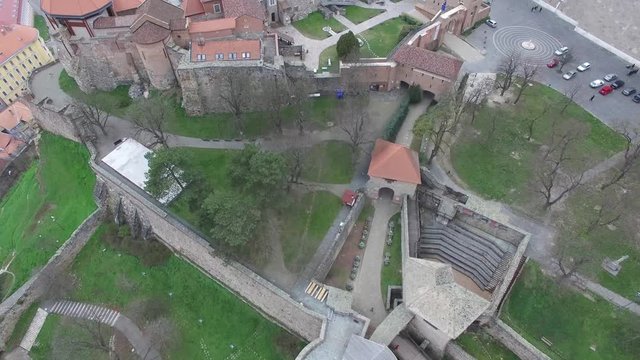 Aerial view of Esztergom royal castle, museum and Basilica above the Danube river on the border with Slovakia former capital city of Hungary