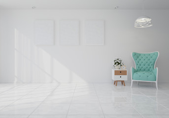 Interior mock up with blue velvet armchair in living room with white wall. 3D rendering.
