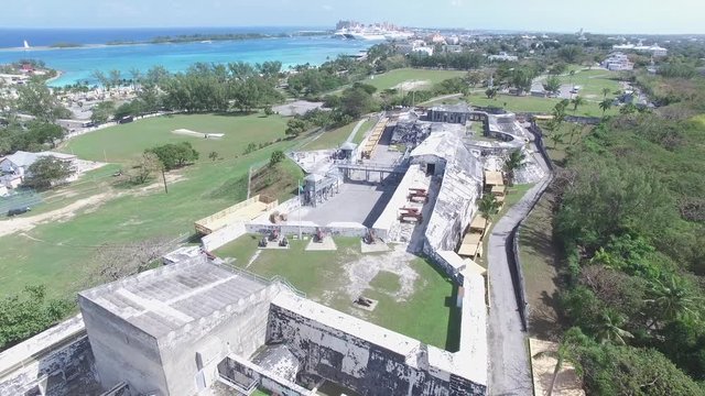 Nassau Bahamas Fort Charlotte aerial view with cruise ships docked in the background