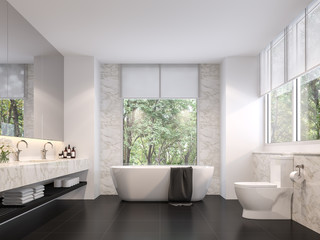Fototapeta na wymiar Luxurious bathroom with natural views 3d render,The room has black tile floors, white marble walls, There are large windows sunlight shining into the room.