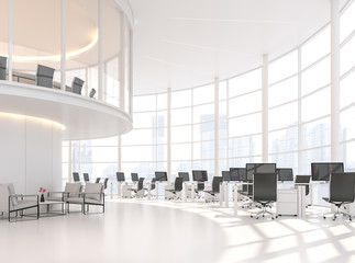 Modern white curve office 3d render.Is a high ceiling office with a work area on the lower floor Meeting room on the mezzanine floor There is a large window looking out at the view of city. - obrazy, fototapety, plakaty