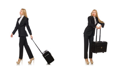 Businesswoman with suitcase isolated on white 