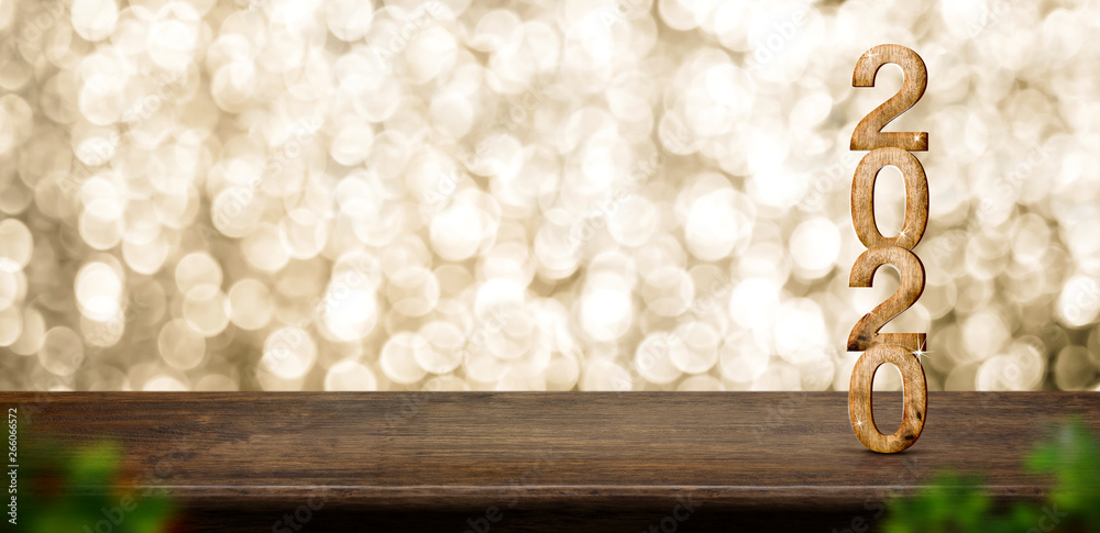 Aufkleber happy new year 2020 wood with sparkling star on brown wood table with gold bokeh background,holiday 