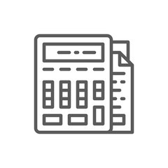Calculator with documents, bookkeeping, accounting line icon.