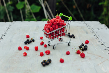 Mini shopping basket full of fresh red ripe raspberry and blackberry on vintage background