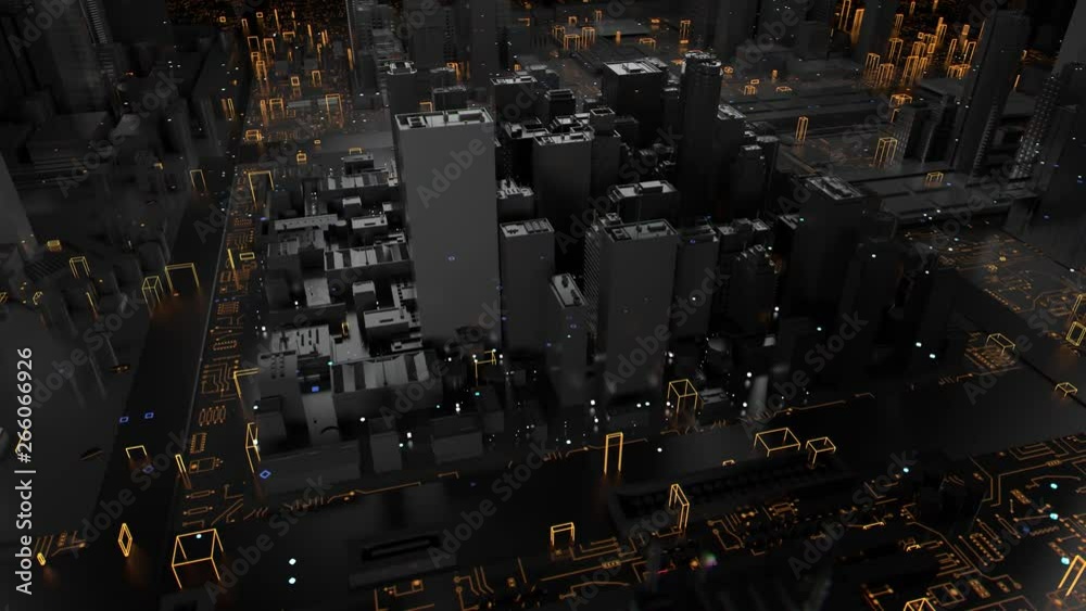Poster 3d render of technology and city concept. background with reflective abstract skyscrapers and digita