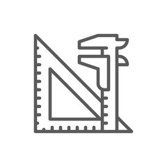 Engineering tools, split key and triangular ruler line icon.