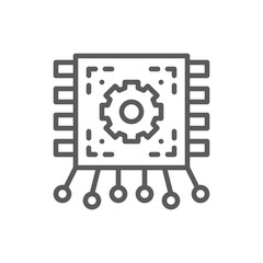 Chip, motherboard with contacts, circuit board line icon.