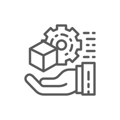 Hand with gear wheel and cube, engineering tools concept line icon.