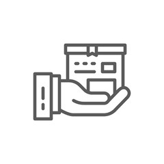 Hand with box, express delivery line icon.