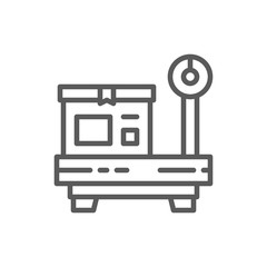 Box on scales, package weighing line icon.