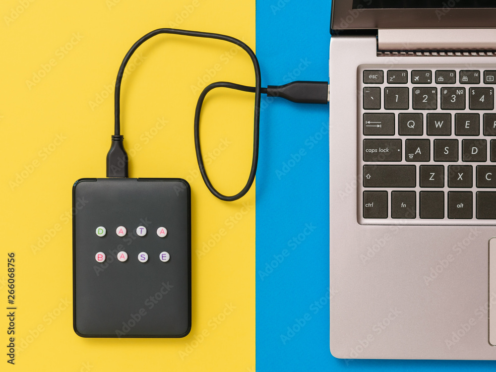 Wall mural external hard drive connected to laptop on blue and yellow background. flat lay. the concept of back