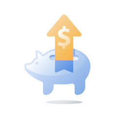 Glass piggy bank, long term investment strategy, arrow of growth, value increase, pension savings, more money