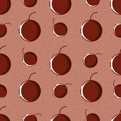 Cute seamless pattern with red cherries. Pink noisy textured background. Flat linear style illustration. Vector.