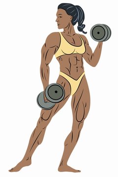 muscular woman lifting dumbbells, yellow outfit clip art preview