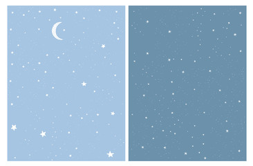 White Abstract Stars and Moon Isolated on a Blue Background. Infantile Style Night Sky Vector Design. Simple Hand Drawn Galaxy Vector Illustration Set for Card, Poster, Wall Art, Decoration. 