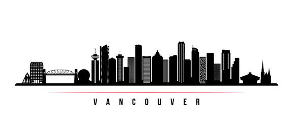 Vancouver city skyline horizontal banner. Black and white silhouette of Vancouver city, Canada. Vector template for your design. - obrazy, fototapety, plakaty