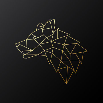 Golden geometric Wolf head illustration isolated on black background. Polygonal animal emblem. Vector  banner.