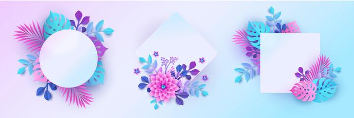 Obraz na płótnie Canvas Vector botanical banners set with tropical leaves and flowers in modern paper cutting style. Bouquet, pastel floral backdrop, jungle nature, bright colors of blue, pink and purple hues. Place for text