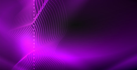 Glowing abstract wave on dark, shiny motion, magic space light. Techno abstract background