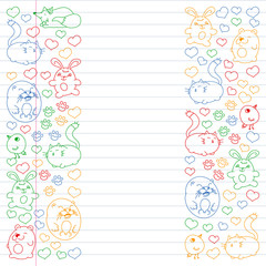 Vector set of beautiful round icons icons in doodle style. Painted, colorful, pictures on a piece of linear paper on white background.