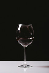 Red wine on a wineglass over a dark solid black background